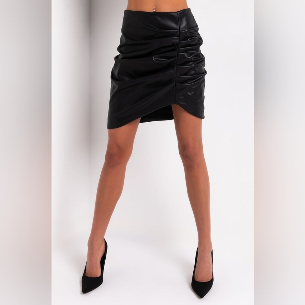 Asymmetrical Ruched Black Faux Leather Skirt (Mini)